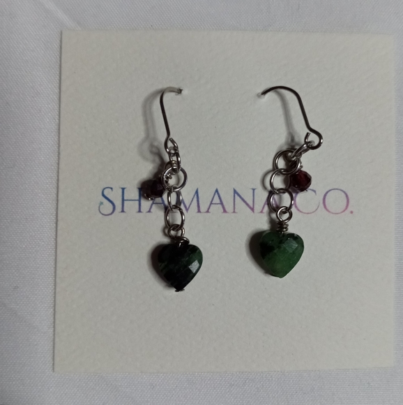 Ruby Fuchsite Garnet Earrings Green Leaf Heart Red Crystal Healing - Picture 2 of 3